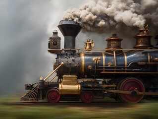 Vintage steam locomotive traversing through the countryside
