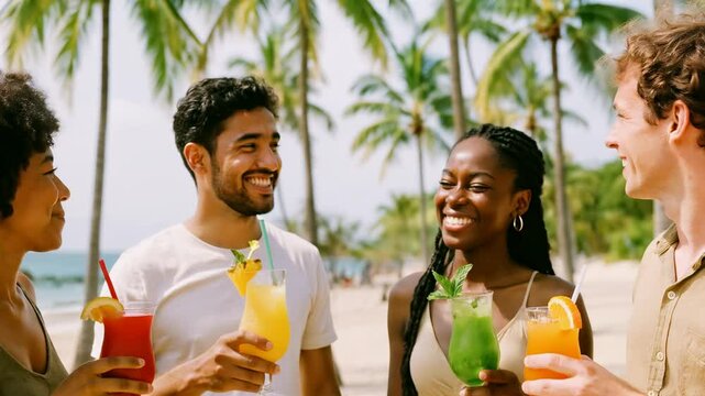 A joyful group toasting with colorful drinks on a beach. Shot from a low angle, the video captures the vibrant, tropical atmosphere and happy expressions.