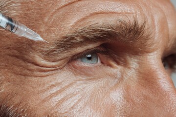 A clinic is where a middle-aged male patient gets injections of filler