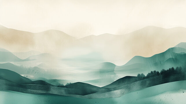 soft watercolor background in muted beige and teal blue tones, subtle vertical ink wash textures, gentle abstract hills and layered gradients, minimalist traditional Japanese painting style