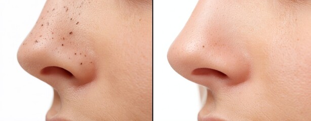 Obraz premium Closeup image of an Asian woman's facial skin before and after treatment, showing a small pimple, acne, blackheads on the nose, and melasma pigmentation spots