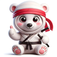cute baby polar bear ninja with white uniform