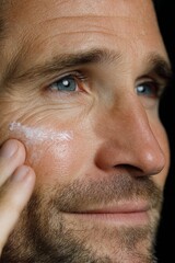 A close-up shot captures a bearded young man as he applies face cream and looks directly at the camera
