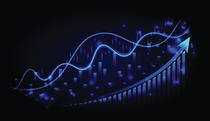 Abstract graph showing upward trend in digital financial design with arrow wave line signifying growth in stock market investment on technology background.