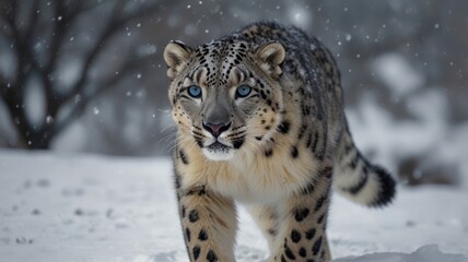 Fototapeta premium A majestic snow leopard with striking blue eyes walks towards the viewer in a snowy landscape, light snowfall visible. Its thick fur is speckled with dark rosettes against a pale, creamy base