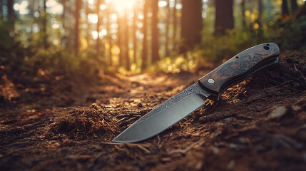 A pocketknife abandoned in a forest background