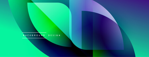 Abstract fluid shapes overlap, creating vibrant gradients. Turquoise, green, purple hues dominate design. Modern aesthetic.