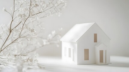 Fototapeta premium Photograph of white paper model house sits against a blurred, snowy background with bare branches.