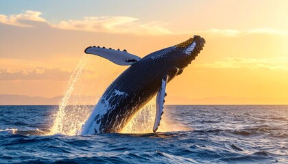 Obraz premium Dramatic photo of a humpback whale leaping from the ocean at sunset, showcasing the beauty and power of marine life.