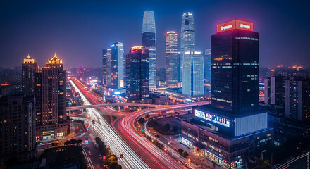 Fototapeta premium Modern City Skyline with Light Trails at Night