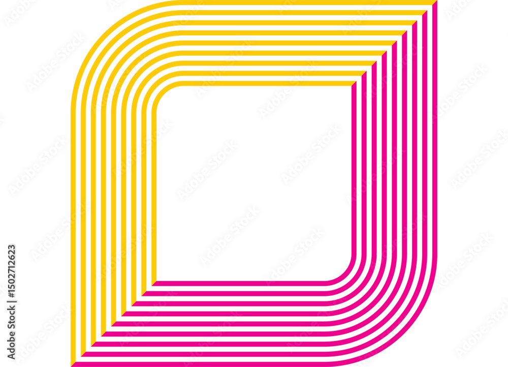 Poster abstract geometric frame of colored parallel lines curved at an angle of 90 degrees. yellow and purp