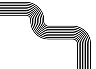 Abstract geometric pattern of black parallel lines curved at an angle of 90 degrees. on a white background. Modern minimalist design element, for backgrounds, presentations, posters or digital art.