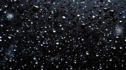 Fototapeta premium Photograph of raindrops on glass, creating a blurred, textured surface with varying droplet sizes.