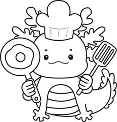 Outline of Illustration of cute axolotl activities icon.
Lineart of Funny pink axolotl in daily routine stickers.
