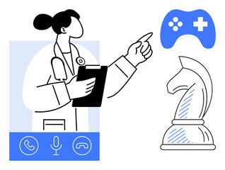 Doctor holding clipboard pointing upwards near knight chess piece and gaming controller. Ideal for healthcare, strategy, innovation, digital transformation, gaming, decision-making, technology. Flat