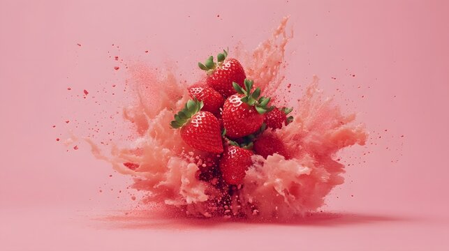 Digital illustration of strawberries exploding in a vibrant red splash against a pink background.