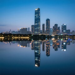 Naklejka premium Cityscape Reflection at Dusk