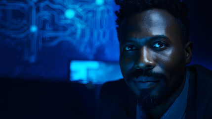Tech professional analyzing data with holographic interface, symbolizing innovation in digital workspaces
