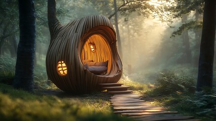 Idyllic woodland escape: whimsical treehouse nestled in enchanted forest scenery