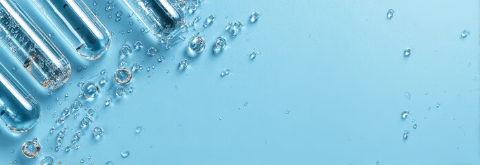 Petri dishes containing serum on a light blue background represent a cosmetic research concept