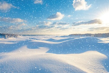 A vast, snow-covered landscape stretches out under a bright blue sky with scattered clouds and falling snow
