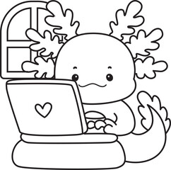 Outline of Illustration of cute axolotl activities icon.
Lineart of Funny pink axolotl in daily routine stickers.
