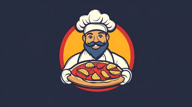 Digital illustration of a smiling chef in a white hat holding a pizza slice with toppings. - Powered by Adobe