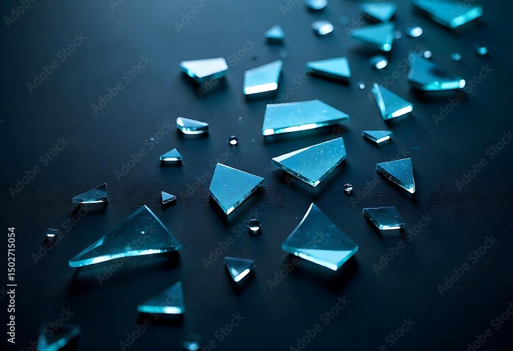 Poster generative ai image showcasing scattered teal glass shards on dark background