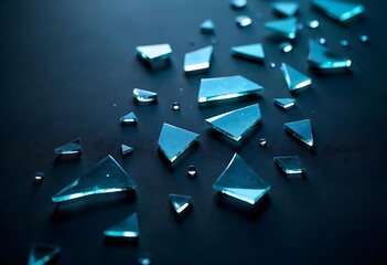 Generative AI image showcasing scattered teal glass shards on dark background