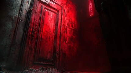 Eerie red corridor with a weathered door hinting at mystery or the unknown