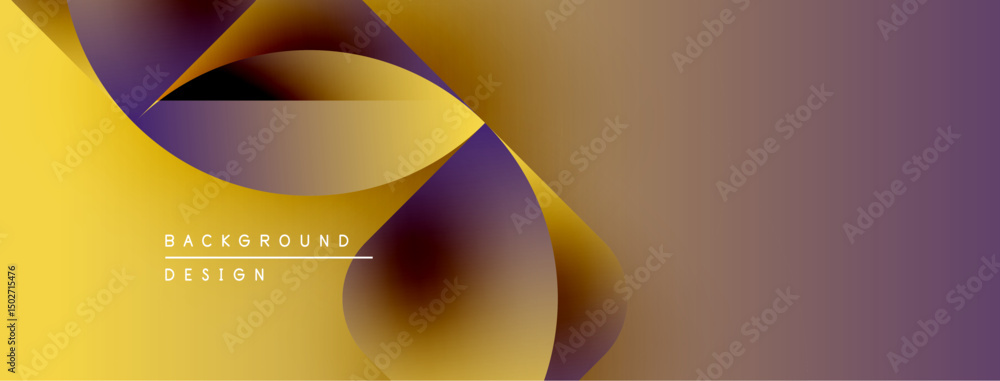 Poster Abstract yellow, purple gradients form flowing shapes. Text reads background design. Modern aesthetic, smooth transitions, vibrant colors.