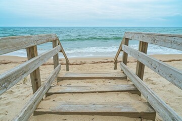 Wooden steps leading down to a sandy beach with the ocean in the distance