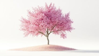 Obraz premium Pink cherry blossom tree on a mound of grass against a white background