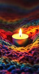 Warm candlelight on vibrant colorful knitted fabric