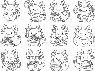 Outline of Illustration of cute axolotl activities icon.
Lineart of Funny pink axolotl in daily routine stickers.
