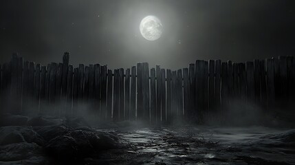 Eerie Moonlight Sonata: The Enigmatic Silhouette of a Weathered Palisade Under a Lunar Glow