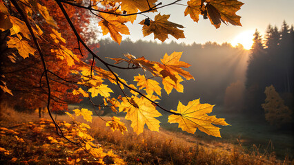 Sunlit golden leaves in a blurred autumn scene with warm hues and rich, natural dark tones.