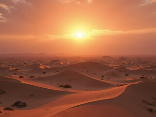 Rolling sand dunes under golden hour sunlight, deep orange and pink sky above, long shadows creating dramatic textures on sand, sparse desert plants and scattered rocks