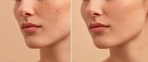 Obraz premium Image of a teenage girl with acne before and after treatment set against a beige backdrop