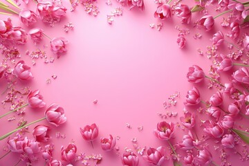 Pink tulips and blossoms frame a light pink background