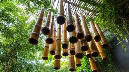 Bamboo wind chimes hanging in garden