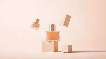 3D render showcases falling nail polish bottles and geometric blocks on a beige background.