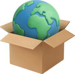 3D Vector Earth in Box Icon for Global Logistics and Environment