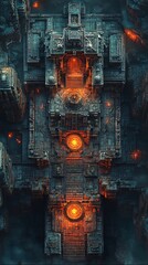 Complex ancient structure with intricate carvings and glowing energy sources