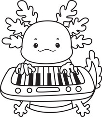 Outline of Illustration of cute axolotl activities icon.
Lineart of Funny pink axolotl in daily routine stickers.
