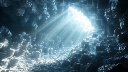 Mystical Light Emanating from the Exit of a Bizarre Rock Formation Cave