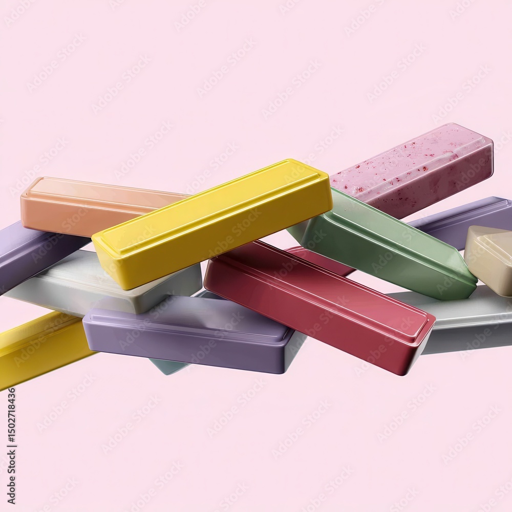 Poster floating pastel rectangular blocks on pink background