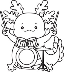 Outline of Illustration of cute axolotl activities icon.
Lineart of Funny pink axolotl in daily routine stickers.
