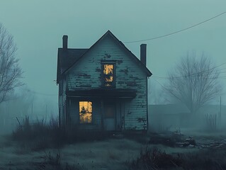 Eerie luminescence illuminates a dilapidated dwelling amidst dense atmospheric obscurity