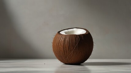 Fototapeta premium A partially opened brown coconut rests on a light surface against a muted grey backdrop, illuminated 